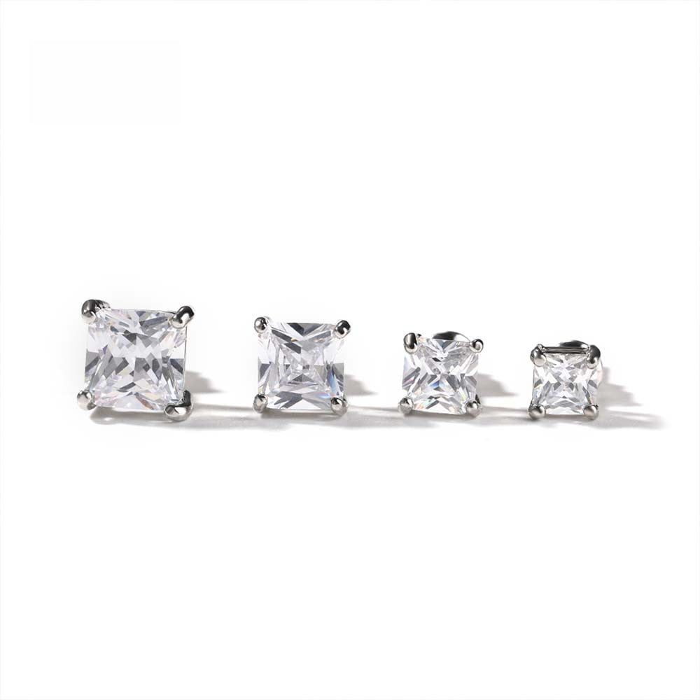 Unisex Silver-Plated Cubic Zirconia Stud Earrings - Square, Heart, Star & Round Hip Hop Statement Earrings