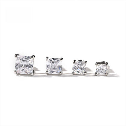 Unisex Silver-Plated Cubic Zirconia Stud Earrings - Square, Heart, Star & Round Hip Hop Statement Earrings