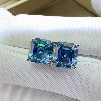 Blue Asscher Cut Moissanite Stud Earrings for Women, Geometric Silver Ear Studs, Dressy Daily Earrings