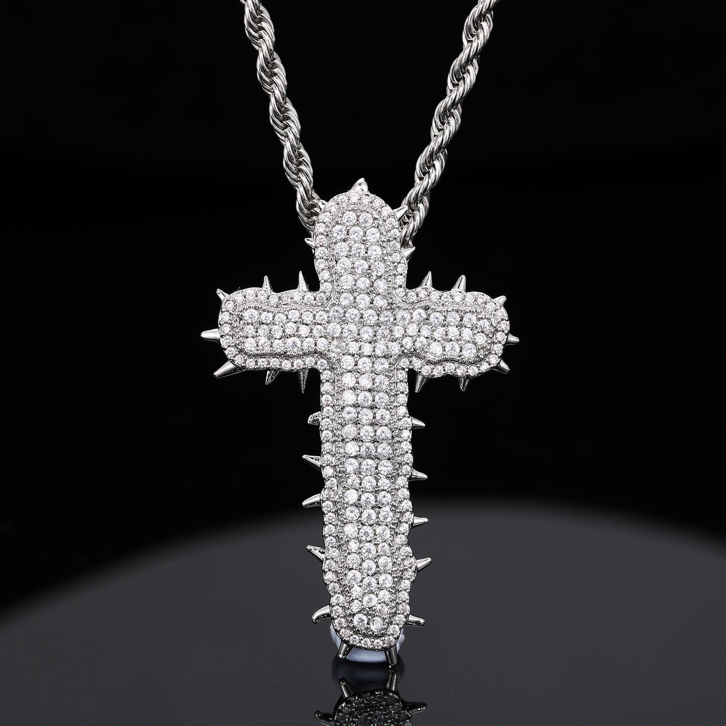 Iced Out Cross Pendant Necklace with Cubic Zirconia Rope Chain in Silvery or Gold Tone product image