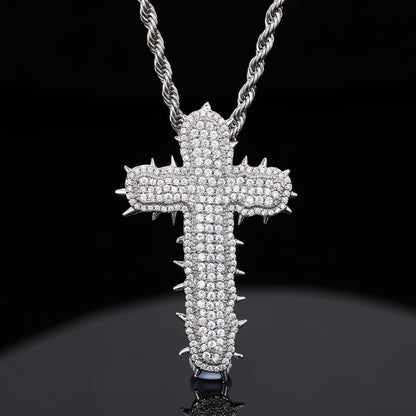Iced Out Cross Pendant Necklace with Cubic Zirconia Rope Chain in Silvery or Gold Tone