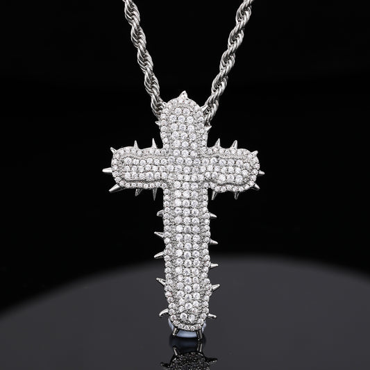 Iced Out Cross Pendant Necklace with Cubic Zirconia Rope Chain in Silvery or Gold Tone product image