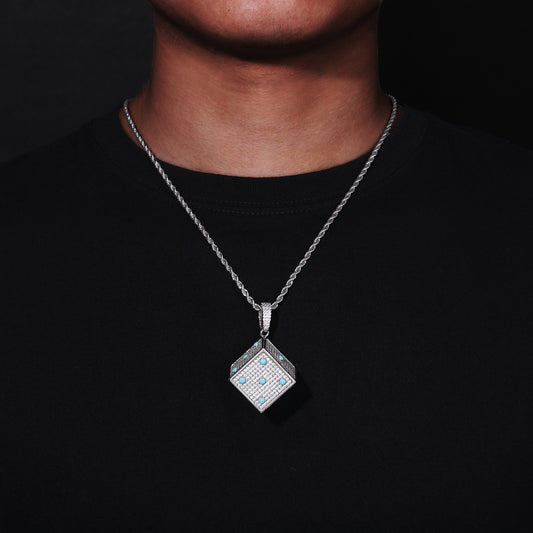 Hip Hop Dice Pendant Necklace, Geometric Zircon Rope Chain, White Tone product image
