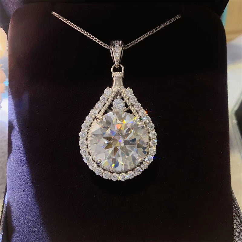 Teardrop Halo Moissanite Pendant Necklace for Women, Round Cut Statement Collarbone Chain, White or Green Stone Options product image