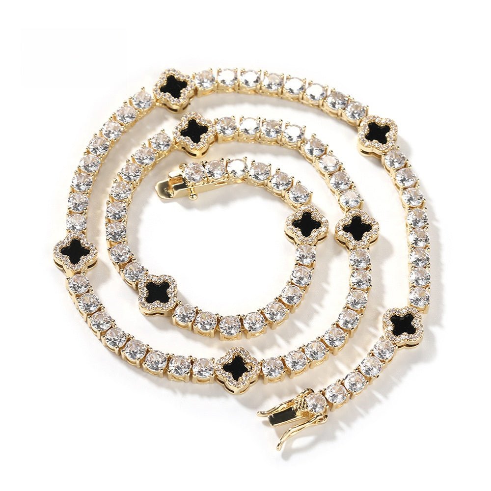 Four Leaf Clover Tennis Chain Necklace & Bracelet for Women - Gold or Silver Plated Copper with Cubic Zirconia
