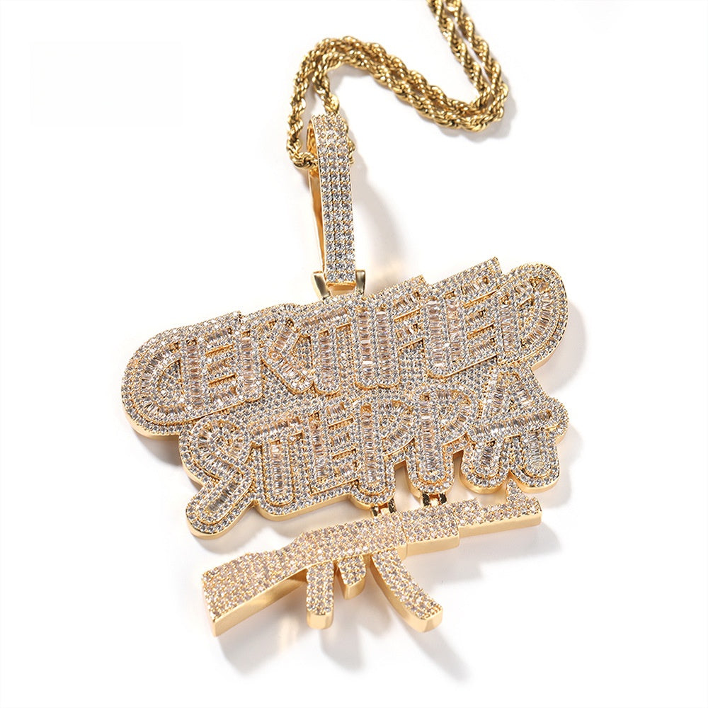 Iced Out English Letter Pendant Necklace with 24 Inch Twist Chain - Gold Plated or Silver Plated Hip Hop Statement Chain