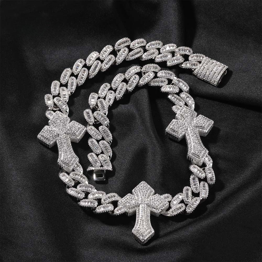 Iced Cross Cuban Chain Necklace for Women & Men – Cubic Zirconia Statement Pendant Necklace in Gold, Silver & Silver Rose Gold