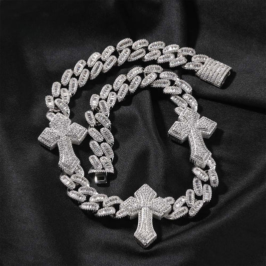 Iced Cross Cuban Chain Necklace for Women & Men – Cubic Zirconia Statement Pendant Necklace in Gold, Silver & Silver Rose Gold