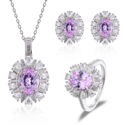 925 Silver Lab-Grown Purple Oval Halo Jewelry Set, Necklace Ring Stud Earrings