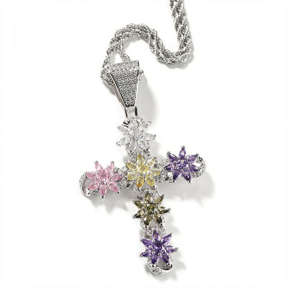 Silver Plated Cross Necklace with Multicolor Cubic Zirconia Pendant - Hip Hop Statement Chain for Women