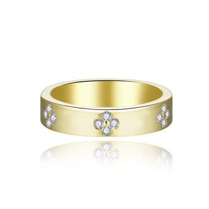 Moissanite Four-Leaf Clover Ring, 18K Gold Plated S925 Silver Stackable Wedding Band for Women