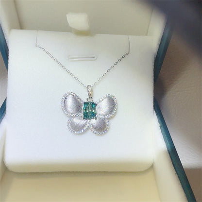 Green Radiant Moissanite Butterfly Pendant Necklace