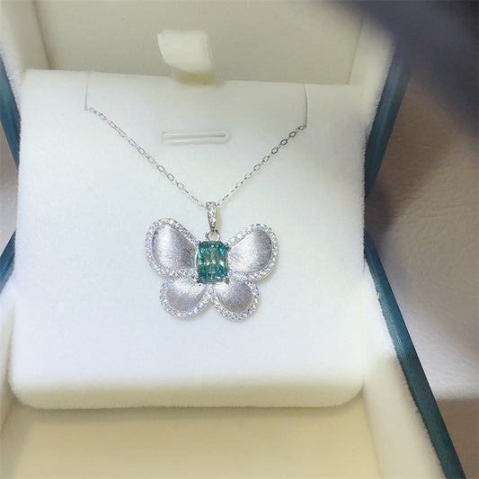 Green Radiant Moissanite Butterfly Pendant Necklace