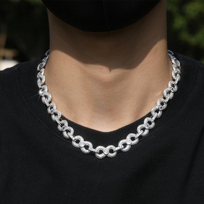 Unisex Silver Tone Cubic Zirconia Circle Link Chain Necklace & Bracelet Set