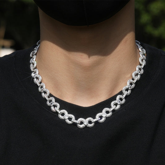 Unisex Silver Tone Cubic Zirconia Circle Link Chain Necklace & Bracelet Set