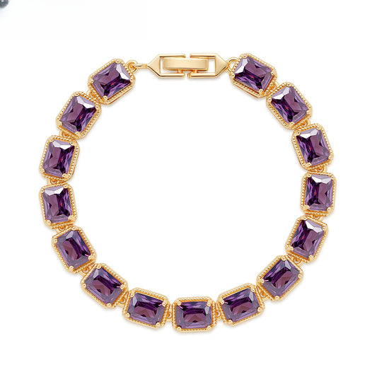 Elegant Gold Plated Purple Crystal Rectangle Link Bracelet for Women