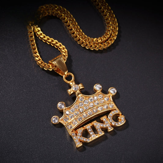 King Crown Letter Pendant Necklace for Men & Women – Gold Plated or Silver Plated Stainless Steel Chain Necklace with Cubic Zirconia