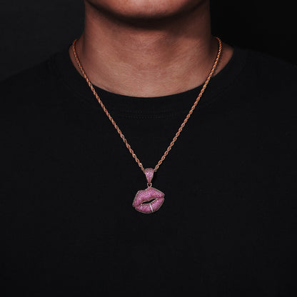 Rose-Tone Zircon Lips Pendant Rope Chain Necklace for Men