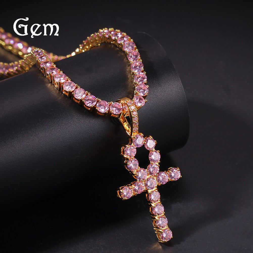 Vintage Pink Cubic Zirconia Cross Pendant Necklace for Women & Men – Gold Plated or Silver Plated Hip Hop Statement Chain