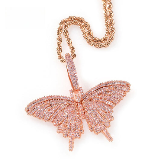 Butterfly Cubic Zirconia Pendant Necklace for Women & Men - Rose Gold, Gold or Silver Tone Chain Statement Jewelry