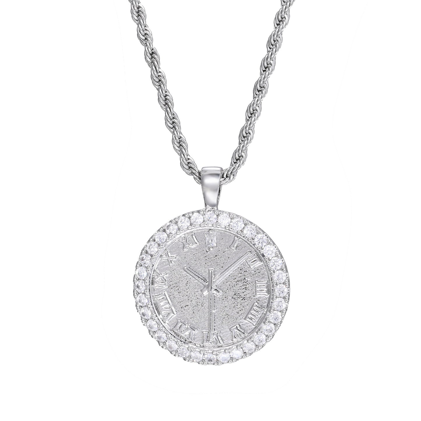 Iced Out Roman Numeral Clock Pendant Necklace in 925 Silver Tone with Cubic Zirconia product image