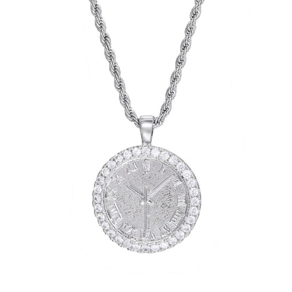 Iced Out Roman Numeral Clock Pendant Necklace in 925 Silver Tone with Cubic Zirconia