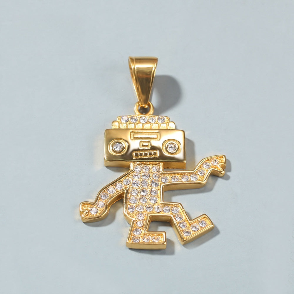 Gold Plated Dancing Robot Pendant Necklace with Cuban or Twist Chain - Trendy Stainless Steel Statement Jewelry