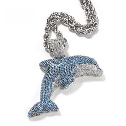 Iced Dolphin Pendant Necklace for Women with Blue & White Cubic Zirconia, Silver Plated Statement Chain