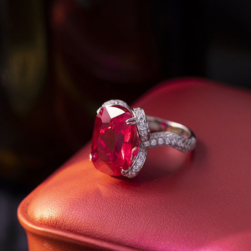Lab-Created Ruby Cushion Halo Ring, S925 Silver 18K Gold Plated Statement Ring product image