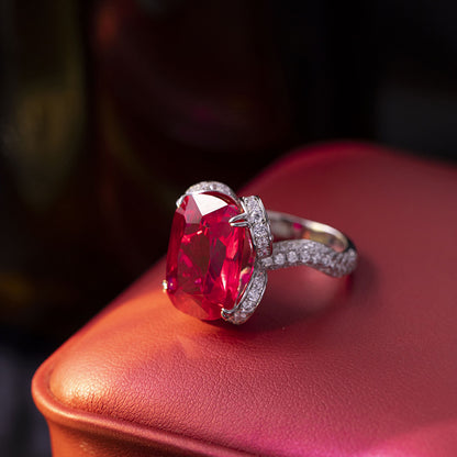 Lab-Created Ruby Cushion Halo Ring, S925 Silver 18K Gold Plated Statement Ring