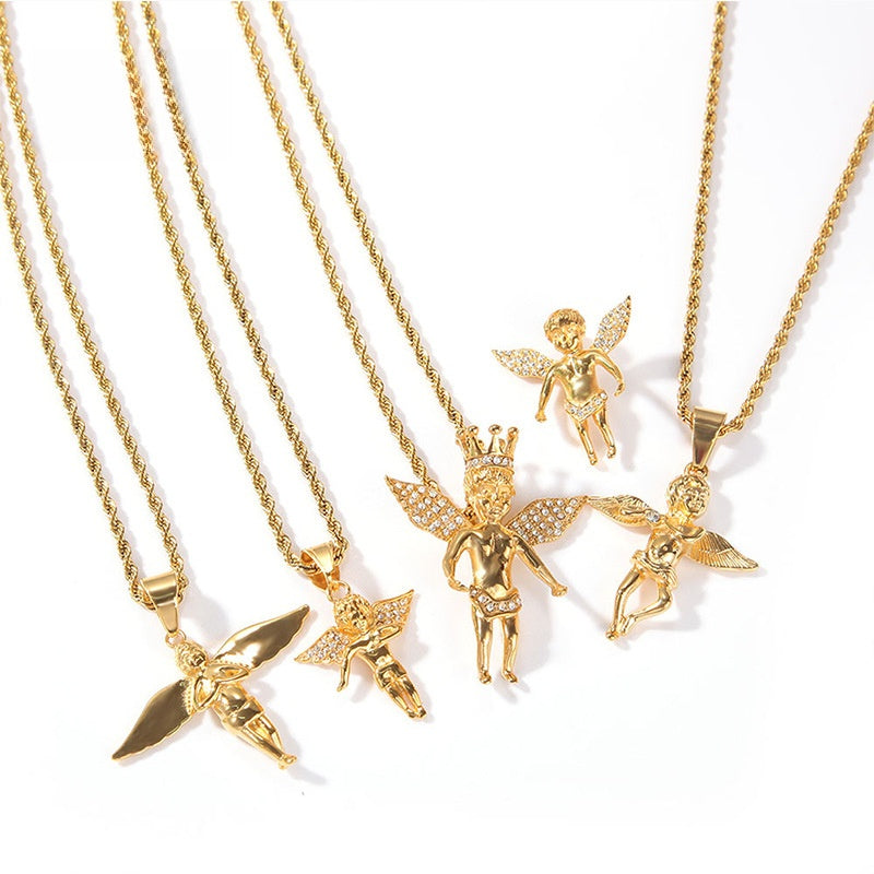 Iced Angel Pendant Necklace for Women & Men – Stainless Steel Gold Tone Chain Necklace with Crown Angel Charm