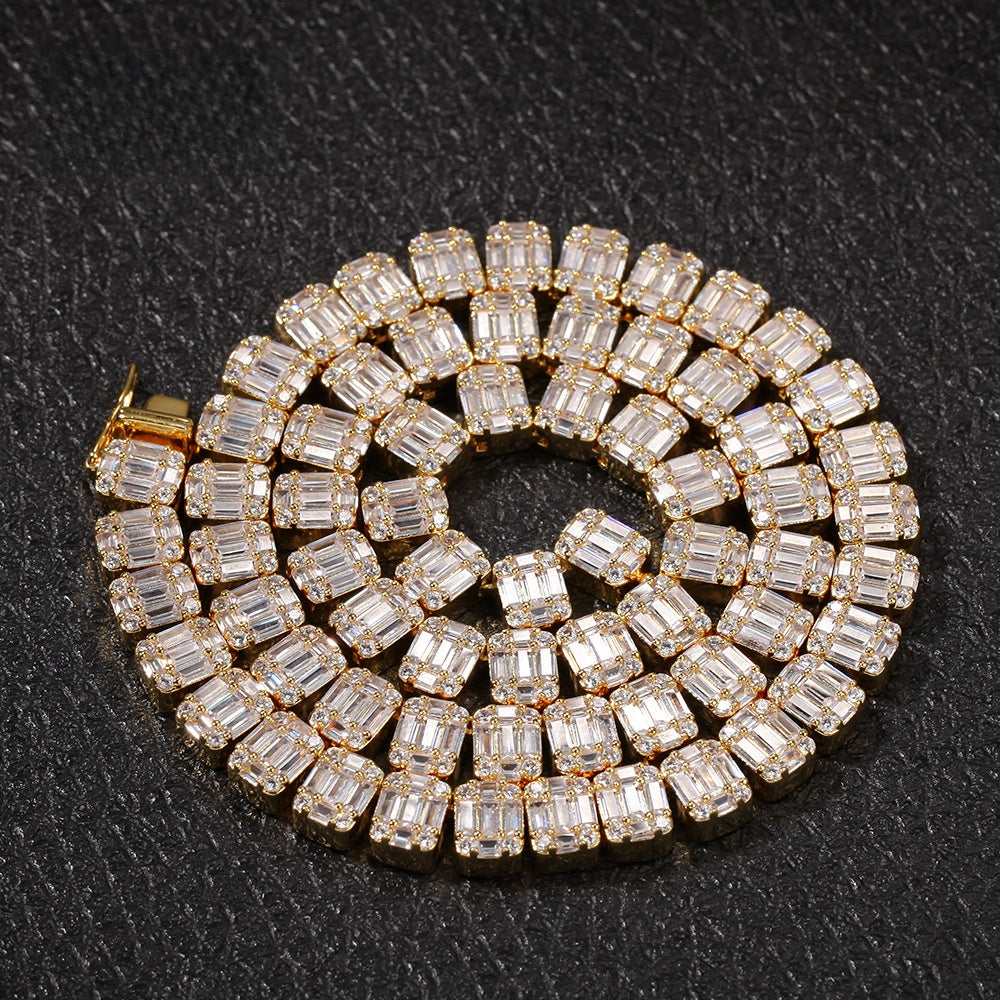 Unisex Iced Rectangular Cubic Zirconia Chain Necklace Pendant in Gold or Silver Tone, 18 Inch / 22 Inch