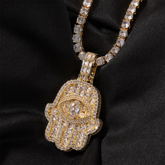 Iced Eye Hand Pendant Necklace with Cubic Zirconia Twist Chain for Women and Men