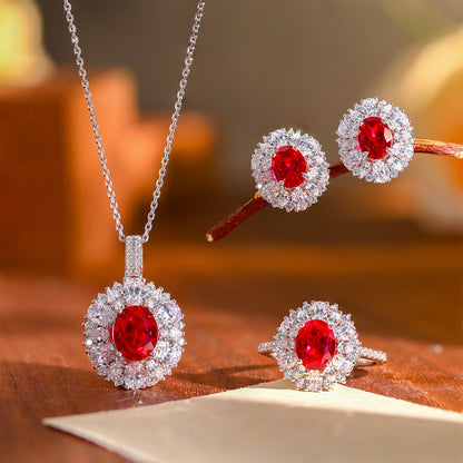 Cultured Ruby Halo Jewelry Set with Necklace, Earrings & Ring