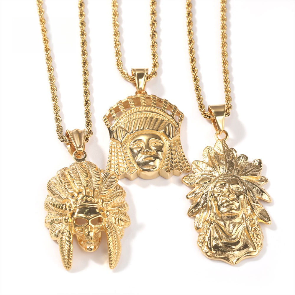 Stainless Steel Statement Pendant Necklace with Cuban Chain - Skull or Feather Headdress Charm in Gold Plated or Silver Tone