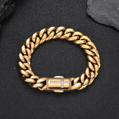 12 mm Polished Cuban with Cross Clasp Stainless steel Bracelet - CHA192