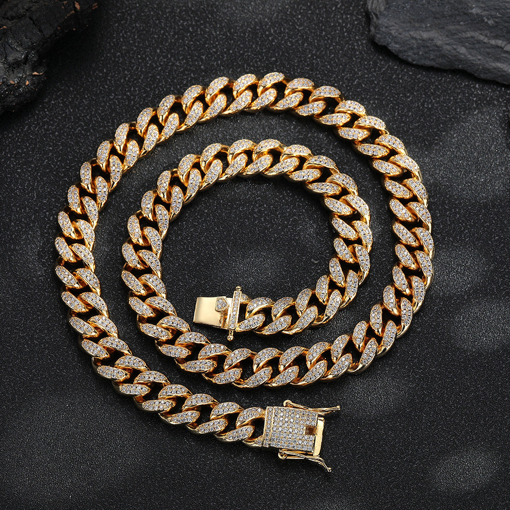 12mm Iced Out Cuban Link Chain Necklace & Bracelet, Pavé CZ Hip Hop Jewelry