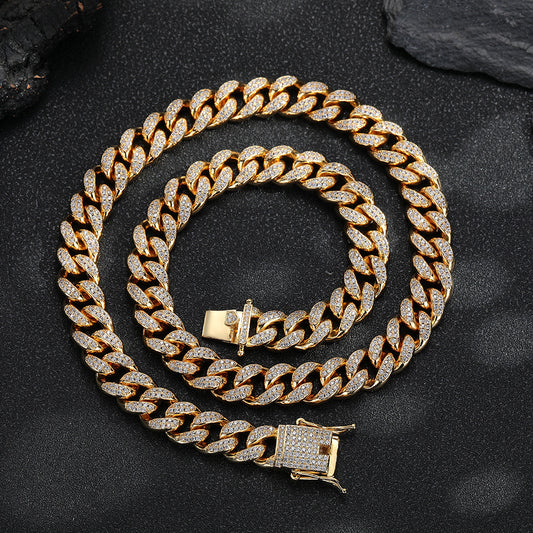 12mm Iced Out Cuban Link Chain Necklace & Bracelet, Pavé CZ Hip Hop Jewelry