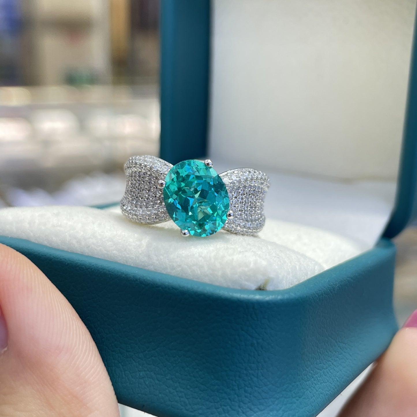 3 Carat Oval Blue-Green Ring with Wide Sparkling Band product image