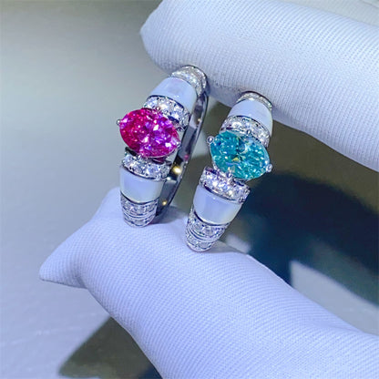 Pear Shape Moissanite Ring for Women with Pavé Accent Band, Pink or Mint Stone, Halo Style Promise Engagement Ring