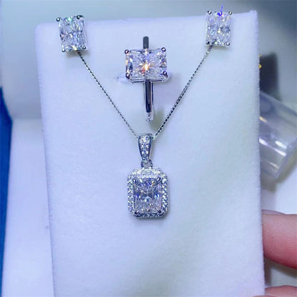 Radiant Cut Moissanite Jewelry Set Necklace Pendant Ring Stud Earrings for Women