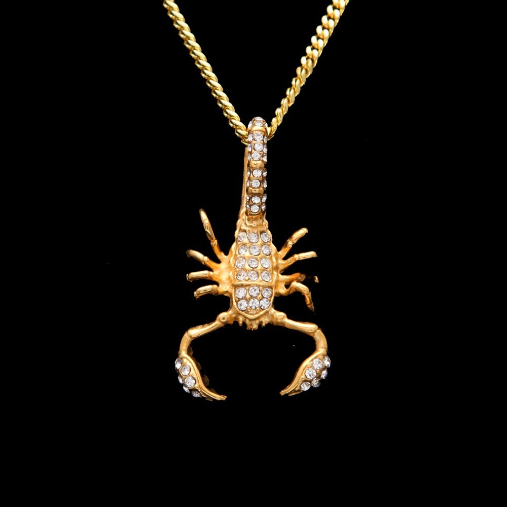 Gold Tone Scorpion Pendant Necklace with Cubic Zirconia Stainless Steel Cuban Chain for Women and Men