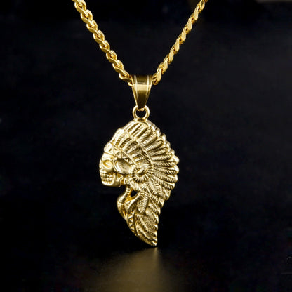 Unisex Stainless Steel Skull Chief Pendant Necklace with 5mm Cuban Chain, Gold Plated or Silver Tone Statement Jewelry