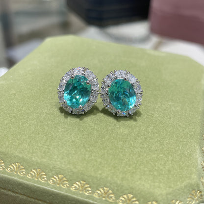 Oval Blue-Green Gemstone Halo Stud Earrings, Vintage-Inspired Sparkling Ear Studs
