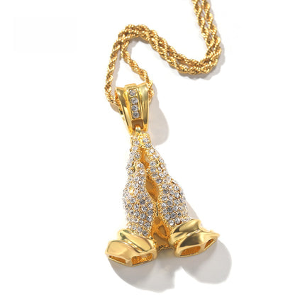Iced Praying Hands Pendant Necklace with Twisted Rope Chain for Women and Men