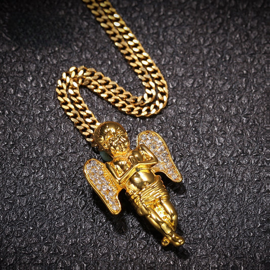 Iced Angel Pendant Necklace with 60cm Stainless Steel Cuban Chain for Women & Men