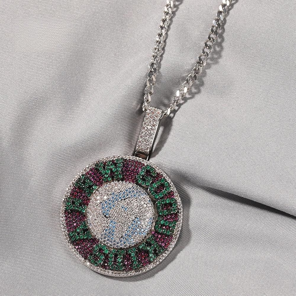 Iced Out Round Pendant Necklace with Cubic Zirconia Hip Hop Chain for Women and Men