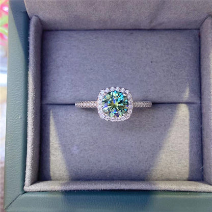 Green Moissanite Halo Ring for Women, Cushion Cut Solitaire Engagement Ring, Promise Ring, Available in 0.5 to 5 Carat Looks