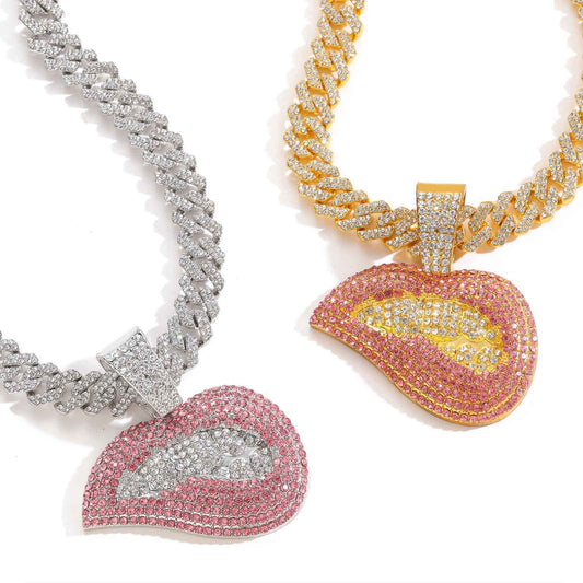 Hip Hop Cuban Link Lip Alloy Pendant Necklace for Men and Women