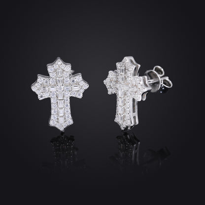 Iced Out Cross Stud Earrings in Silver Tone with Moissanite Accent for Women and Men